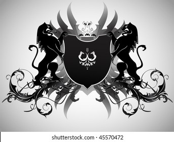 An ornate heraldic shield with lions
