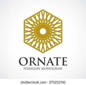 Ornate hexagon of monogram abstract vector and logo design or template decoration flat business icon of company identity symbol concept