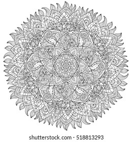 Ornate highly detailed round mandala. Geometric circle element. Perfect for spiritual design, textile and t-shirt print, birthday and other holiday, coloring books, yoga, spa.