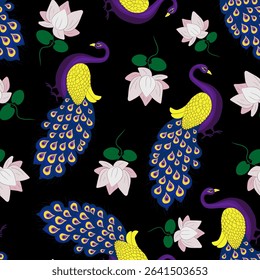 ornate hindu festival seamless pattern featuring majestic blooming lotus flowers peacocks traditional indian art textile web design black background