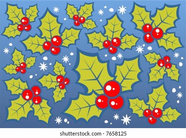 Ornate holly berries and stars background. Digital illustration.