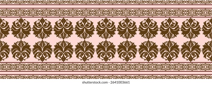 Ornate horizontal brown floral and leaf pattern on a light pink background with symmetrical intricate designs.