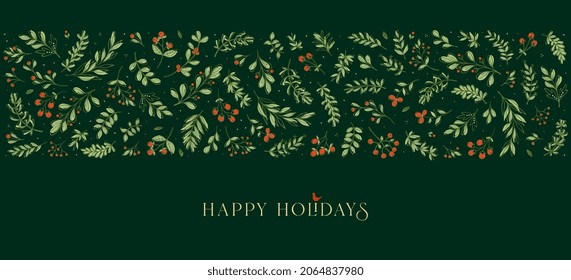 Ornate horizontal Christmas, Holiday border with floral motives and greetings. Universal modern line art florals. Merry xmas header or banner. Wallpaper or backdrop decor.