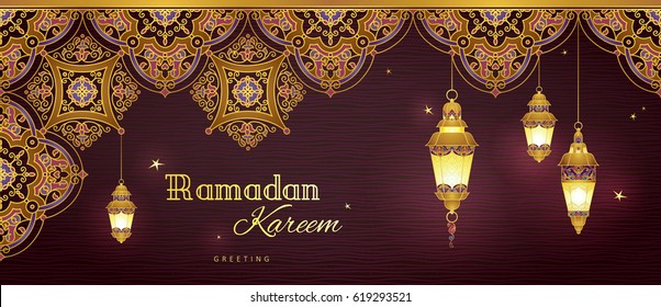 Ornate horizontal vector banner, three vintage lanterns for Ramadan wishing.Arabic shining lamps.Decor in Eastern style. Islamic background.Ramadan Kareem greeting card, advertising, discount, poster.