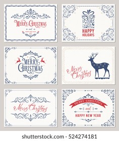 Ornate horizontal winter holidays greeting cards on the texture backgrounds. Vector illustration.