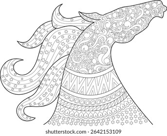 Ornate Horse Head Line Art Illustration, Detailed black and white line art illustration of a majestic horse head and flowing mane adorned with intricate patterns, swirls, stars, and geometric