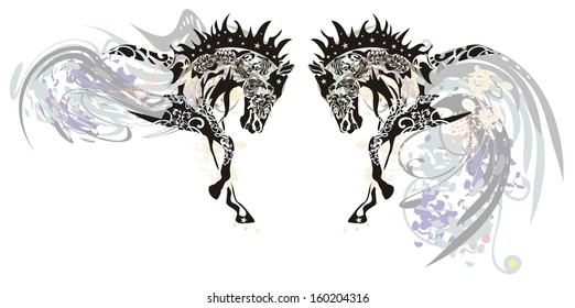 Ornate horses with floral elements 