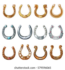 Ornate horseshoes set made of gold silver and bronze metal in cartoon style isolated vector illustration