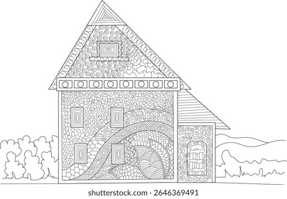 Ornate House Illustration with Zentangle-Inspired Patterns, Black and White Line Art for Creative Coloring and Mindfulness.