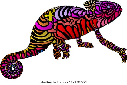 Ornate icon of a colorful chameleon. Vector illustration.