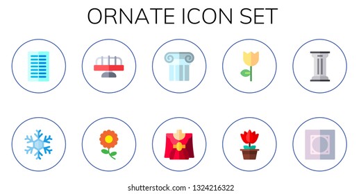 ornate icon set. 10 flat ornate icons.  Simple modern icons about  - columns, snowflake, merry go round, flower, column, traditional, vignette
