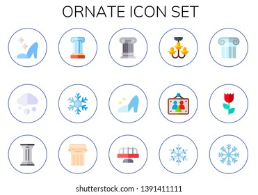 ornate icon set. 15 flat ornate icons.  Simple modern icons about  - cinderella, snowing, column, snowflake, chandelier, picture frames, flower, pillar, merry go round
