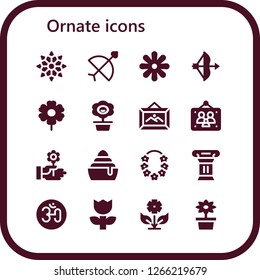  ornate icon set. 16 filled ornate icons. Simple modern icons about  - Snowflake, Bow, Flower, Frame, Picture frames, Frozen, Column, Om