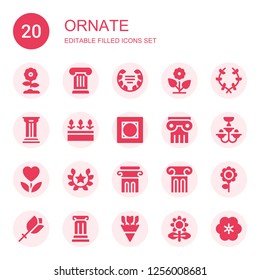 ornate icon set. Collection of 20 filled ornate icons included Flower, Column, Laurel, Flowers, Vignette, Chandelier