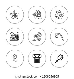 Ornate icon set. collection of 9 outline ornate icons with column, flower, flowers, french curve icons. editable icons.