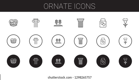 ornate icons set. Collection of ornate with frame, column, flower, wedding gift. Editable and scalable ornate icons.