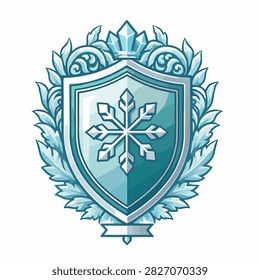 Ornate icy blue shield featuring a snowflake and laurel leaves