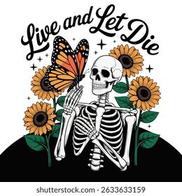 Ornate illustration of a skeleton surrounded by sunflowers and a butterfly vector illustration design