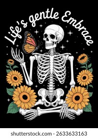 Ornate illustration of a skeleton surrounded by sunflowers and a butterfly vector illustration