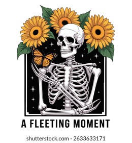 Ornate illustration of a skeleton surrounded by sunflowers and a butterfly vector illustration design
