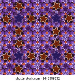 Ornate illustration for wallpaper. Vector seamless pattern with motley ornament. Traditional arabic decor. Vintage brown, purple and violet elements in Eastern style. Ornamental lace tracery.