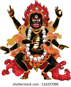 Ornate indian demon in red and amber colors with playing cards
