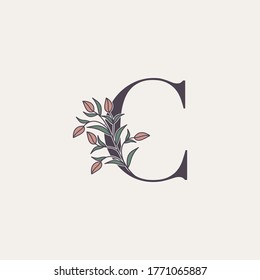 Ornate Initial Letter C logo icon, vector letter with flower and natural leaf clipart designs.