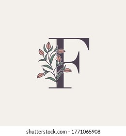 Ornate Initial Letter F logo icon, vector letter with flower and natural leaf clipart designs.