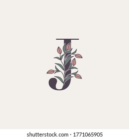 Ornate Initial Letter J logo icon, vector letter with flower and natural leaf clipart designs.