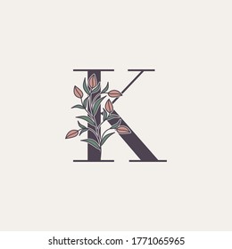 Ornate Initial Letter K logo icon, vector letter with flower and natural leaf clipart designs.