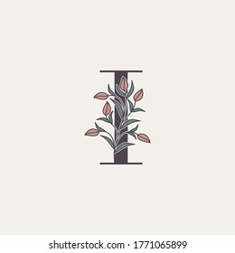 Ornate Initial Letter I logo icon, vector letter with flower and natural leaf clipart designs.