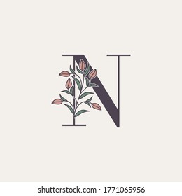 Ornate Initial Letter N logo icon, vector letter with flower and natural leaf clipart designs.