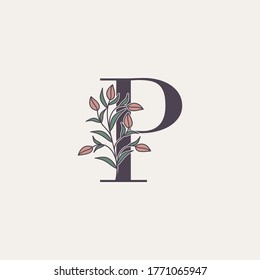Icono del logotipo de la letra inicial de origen P, letra vectorial con diseños de clipart de flores y hojas naturales.