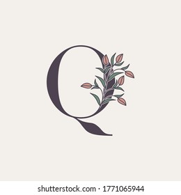 Ornate Initial Letter Q logo icon, vector letter with flower and natural leaf clipart designs.