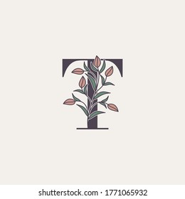 Ornate Initial Letter T logo icon, vector letter with flower and natural leaf clipart designs.