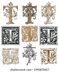 Ornate la letra inicial T con un adorno barroco vintage. Ilustración vectorial de letras mayúsculas T con decoraciones. Hermosas letras mayúsculas para monograma, logotipo, emblema, tarjeta, invitación