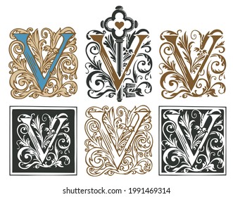 Ornate initial letter V with a vintage Baroque ornament. Vector illustration of capital letters V with decorations. Beautiful filigree uppercase letters for monogram, logo, emblem, card, invitation