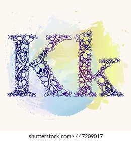 Ornate interlacing branches of the lemon tree with fruits and leaves - Floral alphabet - Design lemon letter - Letter K