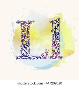 Ornate interlacing branches of the lemon tree with fruit and leaves - Floral alphabet - Design lemon letter - Letter L