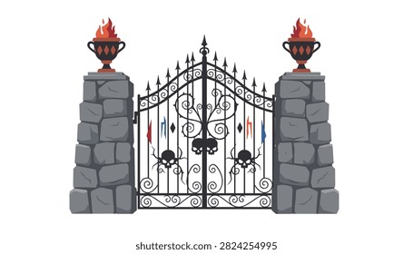 Ornate iron gate featuring decorative skulls and burning torches on stone pillars to create a gothic and spooky architectural entrance.