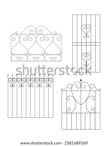 Ornate iron gate silhouette vector. Collection of metal gates isolated illustration.
