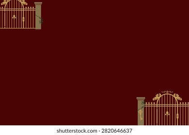 Ornate iron gate vector frame with floating vintage skeleton keys. Gothic romanticism entrance border enclosing a deep burgundy text area.