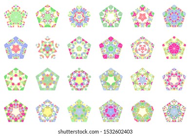 Ornate isolated geometrical mosaic pentagon polygon set - abstract polygonal vector illustrations