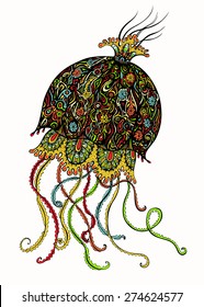 Ornate Jellyfish. Hand drawn illustration with fantastic colorful medusa, stained glass style. White background. Vector illustration.