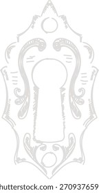 Placa de ojo de cerradura adornado con scrollwork en línea grabada. Contorno de escudo de Antiguas, floritura barroca, sombreado punteado, antiguo motivo de cerrajería. Ilustración vectorial de dibujos animados