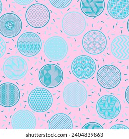 Ornate kimono swatch vector endless pattern. Round shapes with oriental abstractions inside. Chinese geometry in circles. Speckled texture background. Toy wrapper design.
