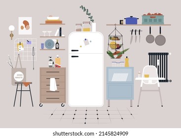 An ornate kitchen interior with a fridge, shelves, drawers, and cooking equipment hanging on the walls