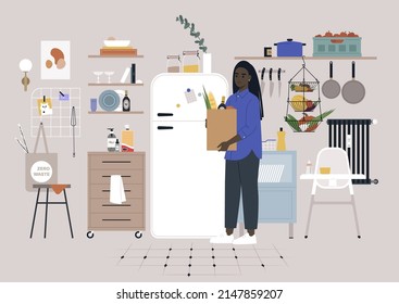 An ornate kitchen interior with a fridge, shelves, drawers, and cooking equipment hanging on the walls
