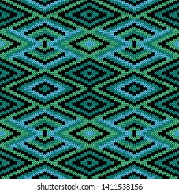 Ornate knitting seamless vector pattern in turquoise, blue, green and black colors as a fabric texture