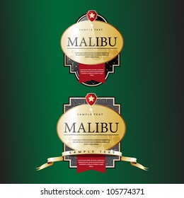 Ornate labels Malibu with Red Tapes. Grouped for easy editing. Perfect for labels or stickers for wine, beer, champagne, cognac, cologne and etc.